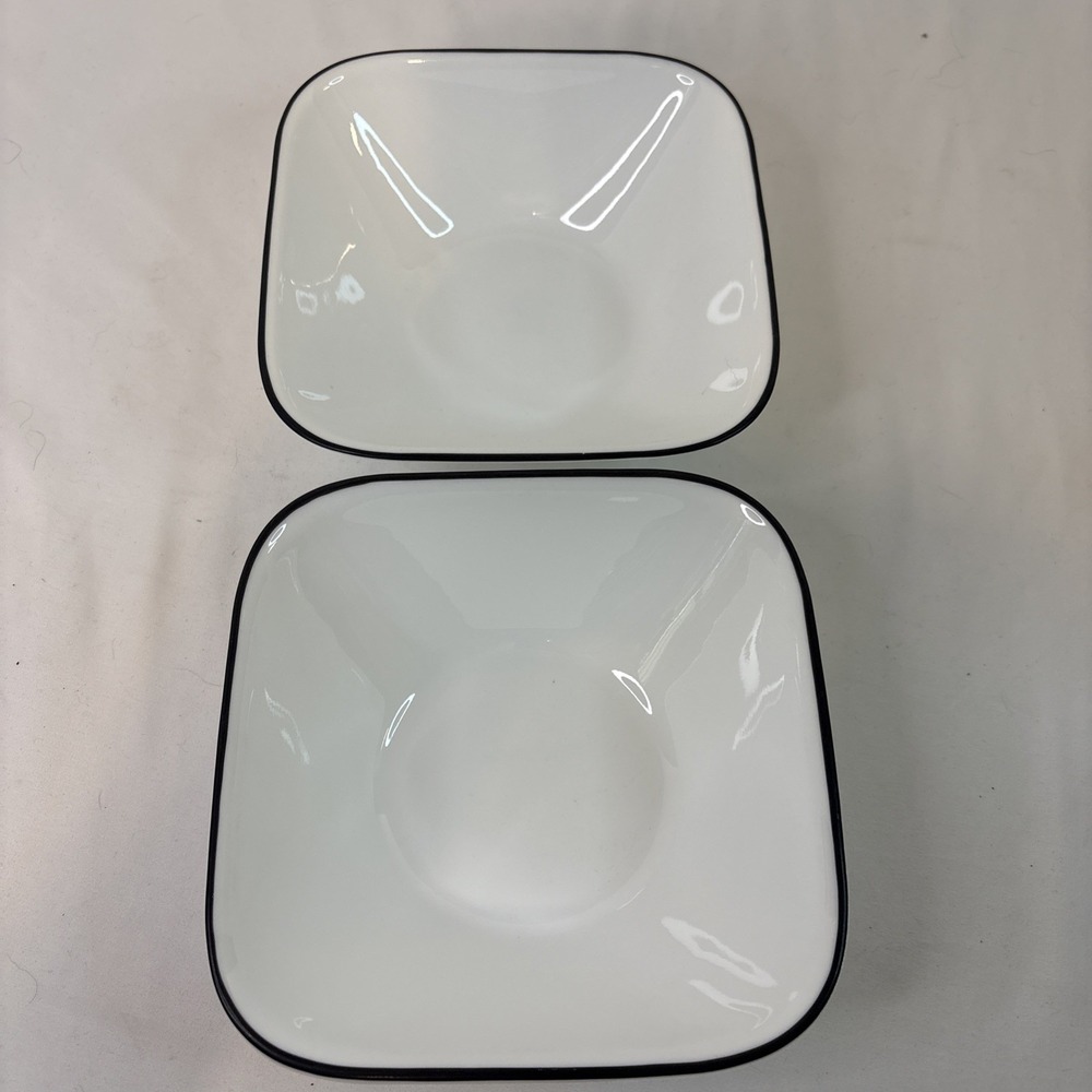 2 Corelle Vitrelle Simple Lines Black Rimmed Square Soup/Cereal Bowls USA